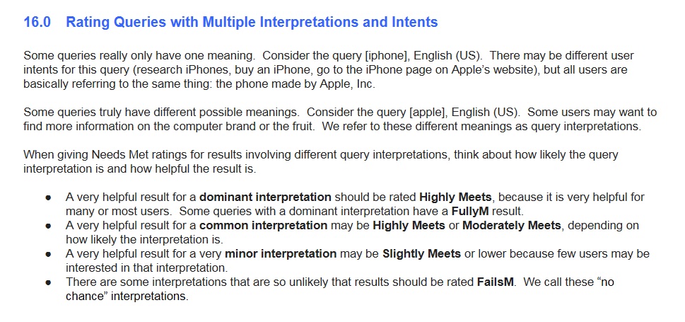 An excerpt from Google’s search quality evaluator guidelines that explains “rating queries with multiple interpretations and intents”.