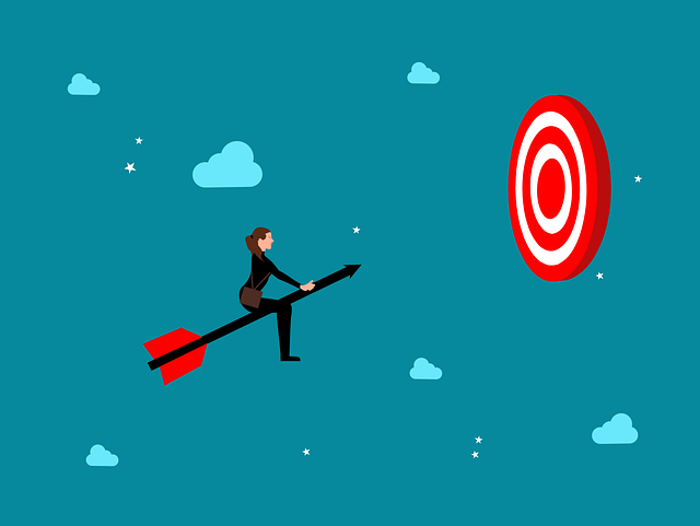 An illustration of a woman sitting on an arrow flying toward a red and blue target.