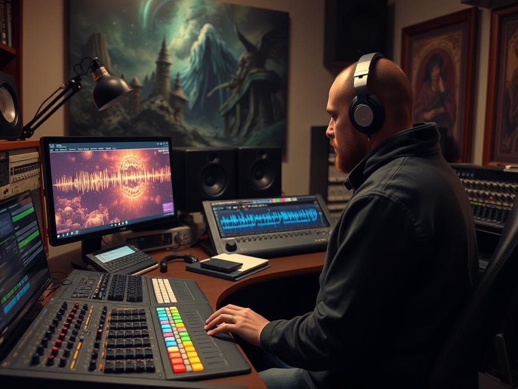 Audio engineer creating magical sound effects and atmospheric music for fantasy app