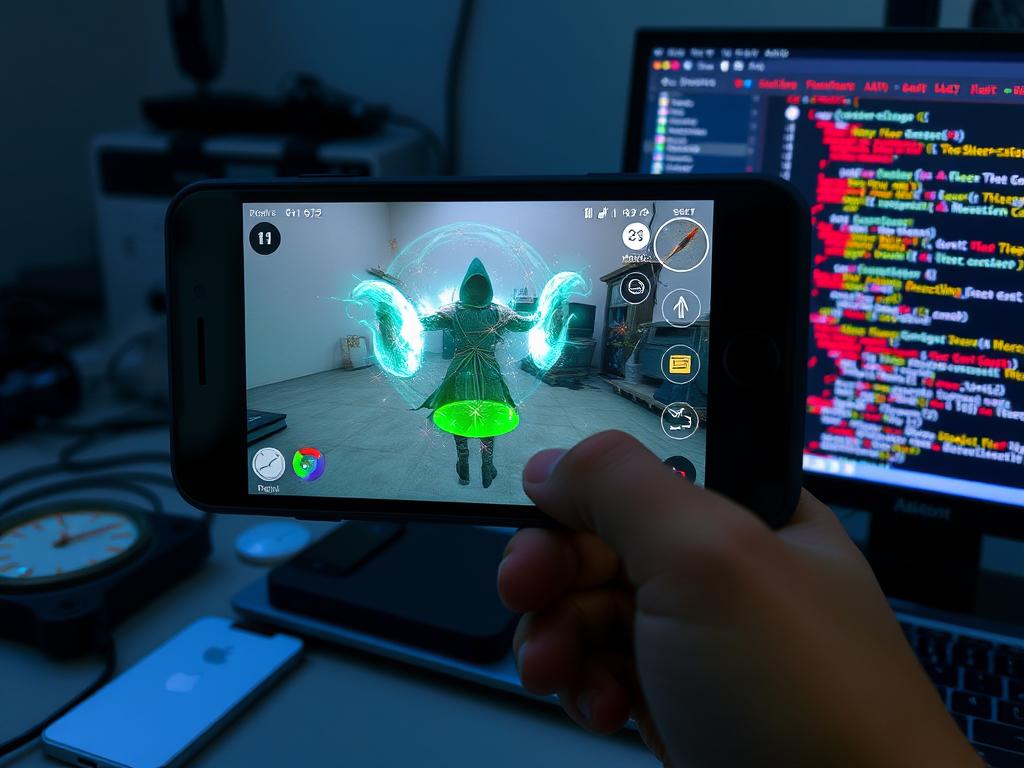 Developer testing AR fantasy elements using ARKit on mobile device