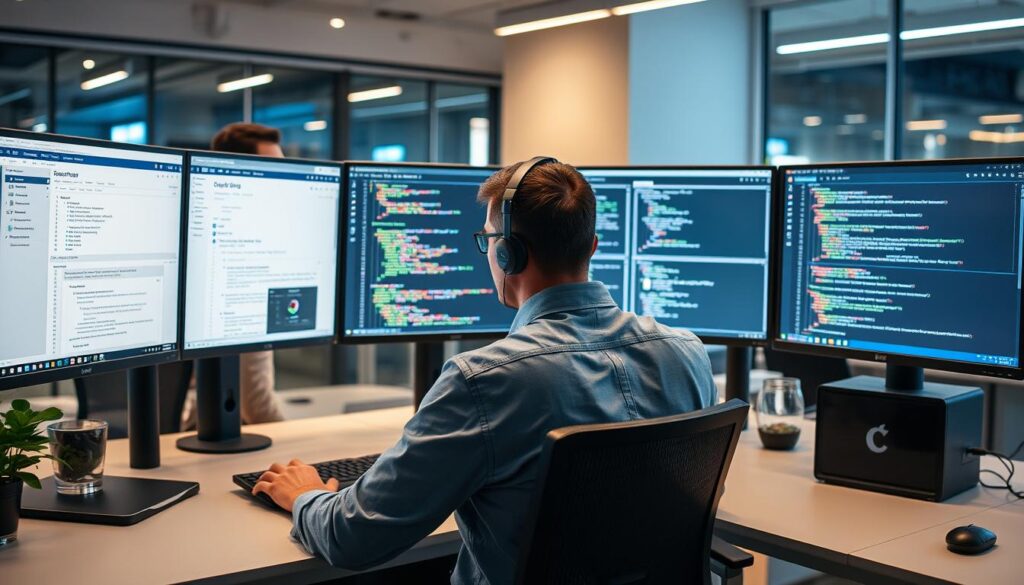 Developer using cloud platform tools and SDKs for app backend development