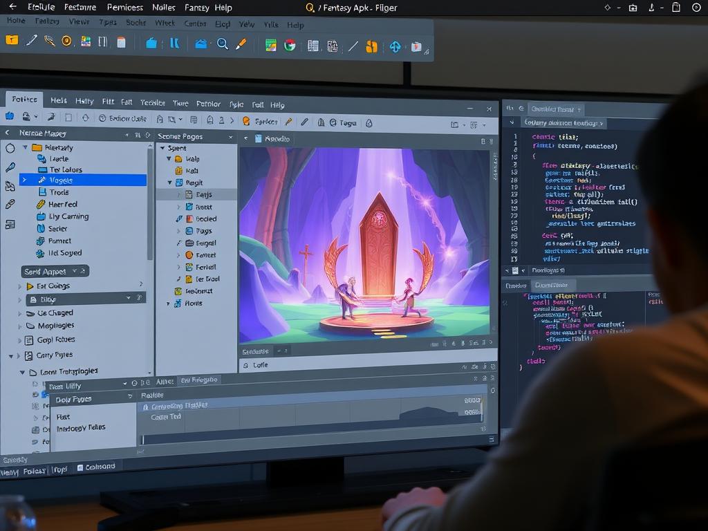 Developer working with Unity game engine to create fantasy app environment