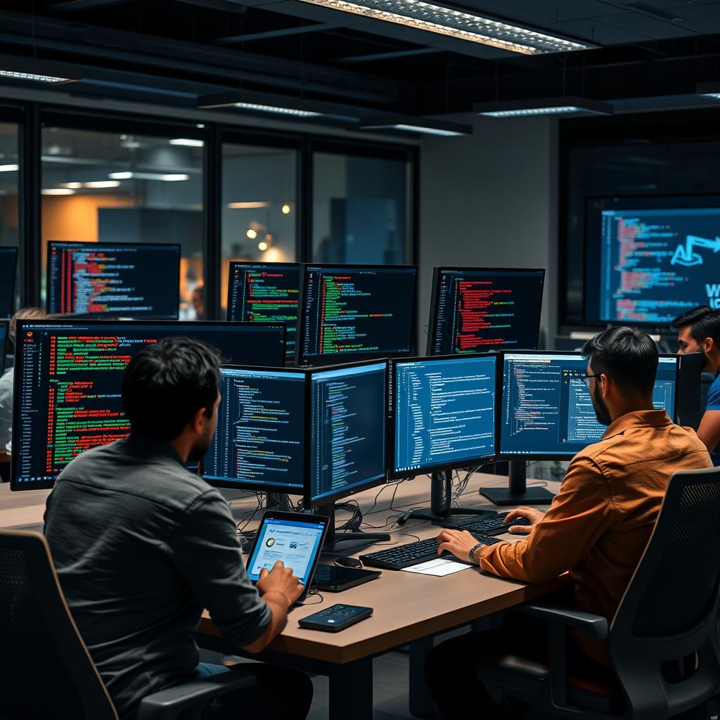 Development team working on code during app development process