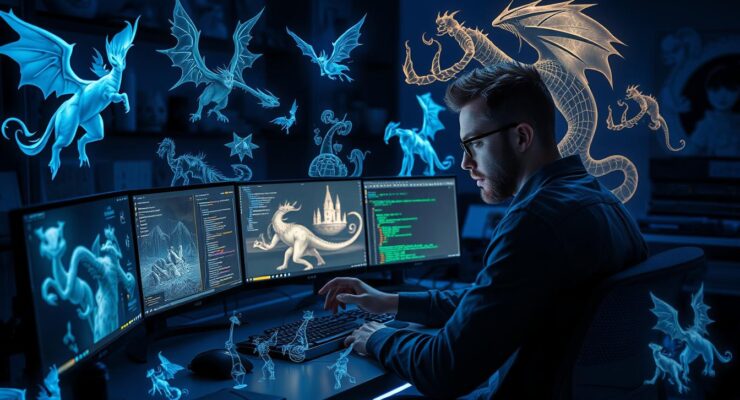 Fantasy app developer creating an immersive digital world with magical elements and characters
