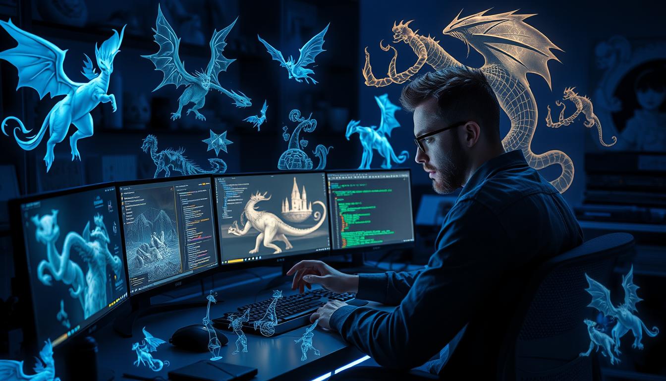 Fantasy app developer creating an immersive digital world with magical elements and characters