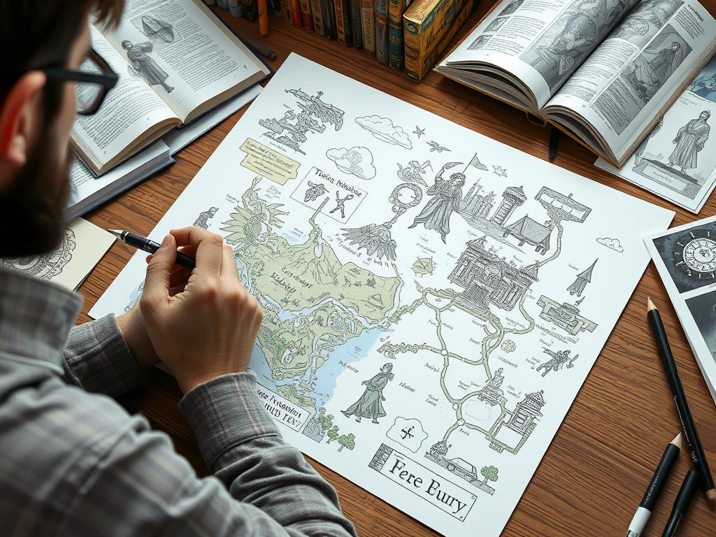 Fantasy app developer sketching a detailed world map with various realms and magical locations