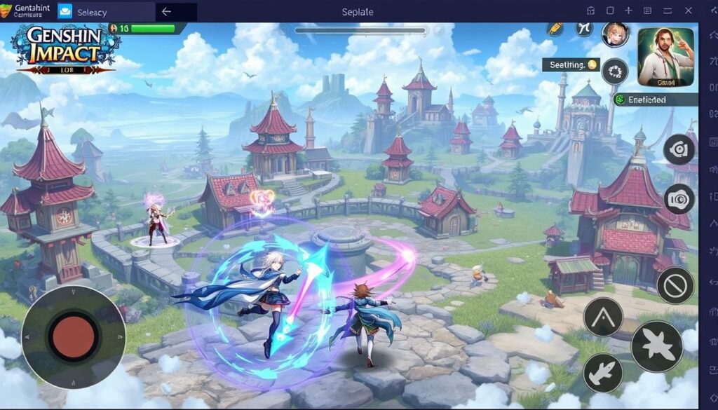 Screenshot of Genshin Impact showing its fantasy open world and character design
