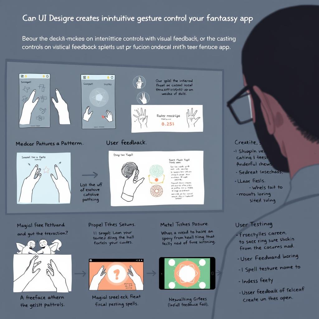UI designer creating intuitive gesture controls for casting spells in fantasy app