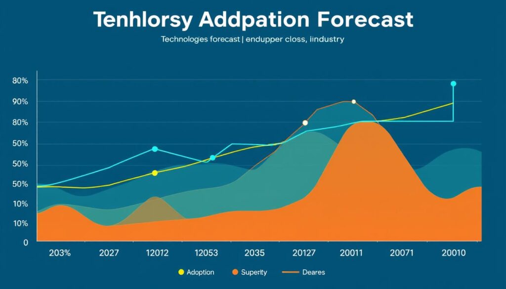 Cross-industry technology adoption forecast showing AI, blockchain, and quantum computing trends through 2025-2030