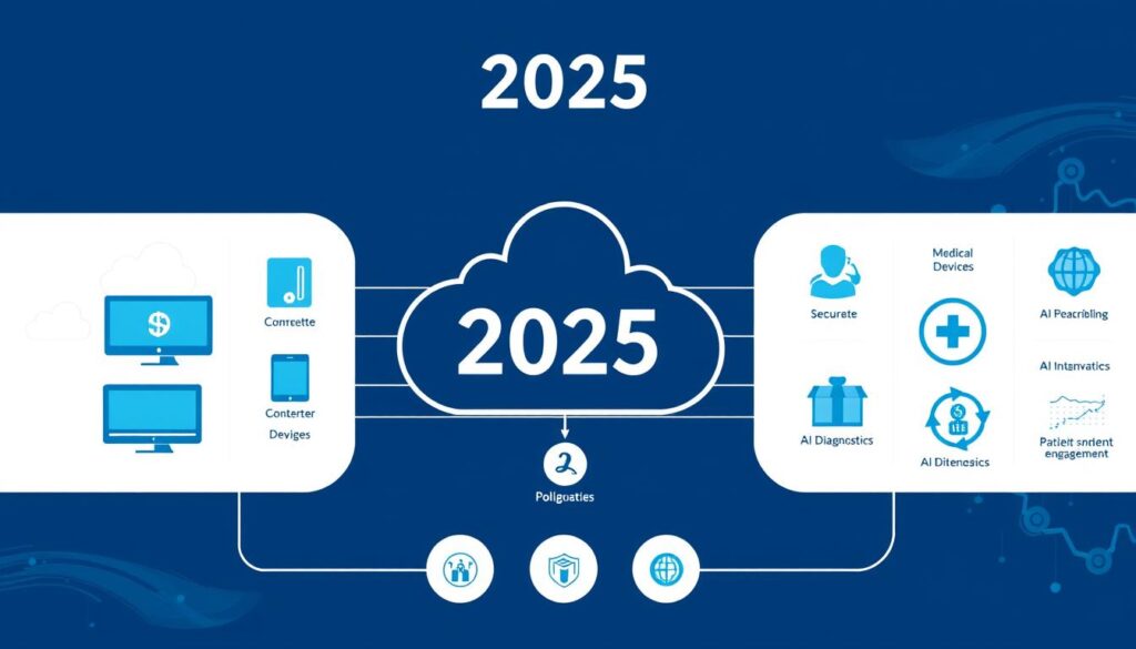 Healthcare technology ecosystem showing HIPAA-compliant cloud architecture for 2025