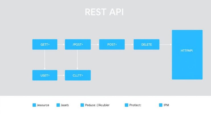 REST API architecture diagram showing client-server communication with multiple endpoints