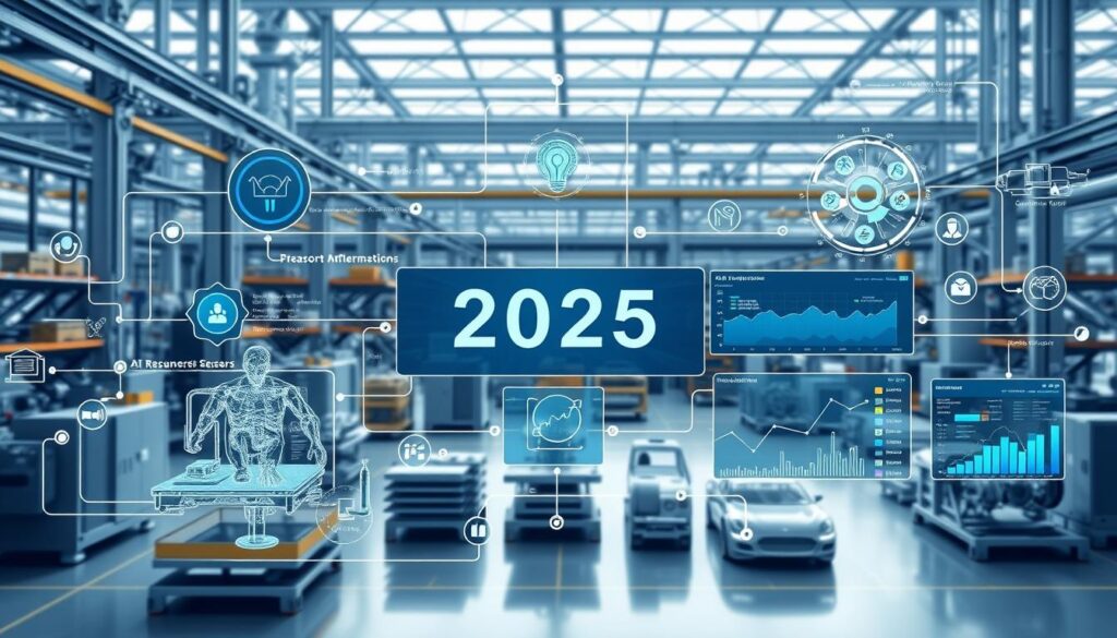 Smart manufacturing technology ecosystem showing IoT sensors, digital twins, and AI-powered predictive maintenance