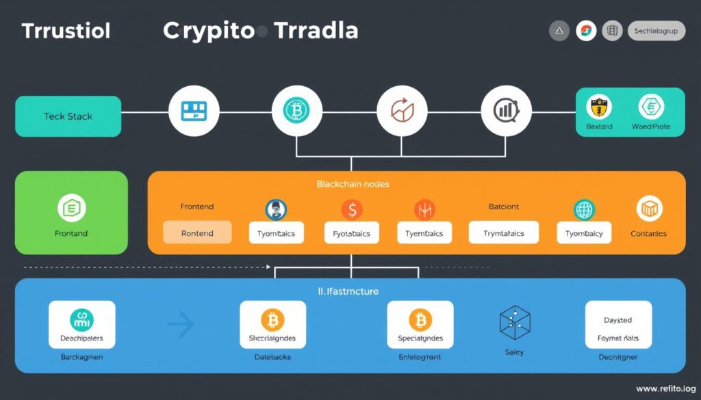 Tech stack architecture diagram for a crypto trading platform