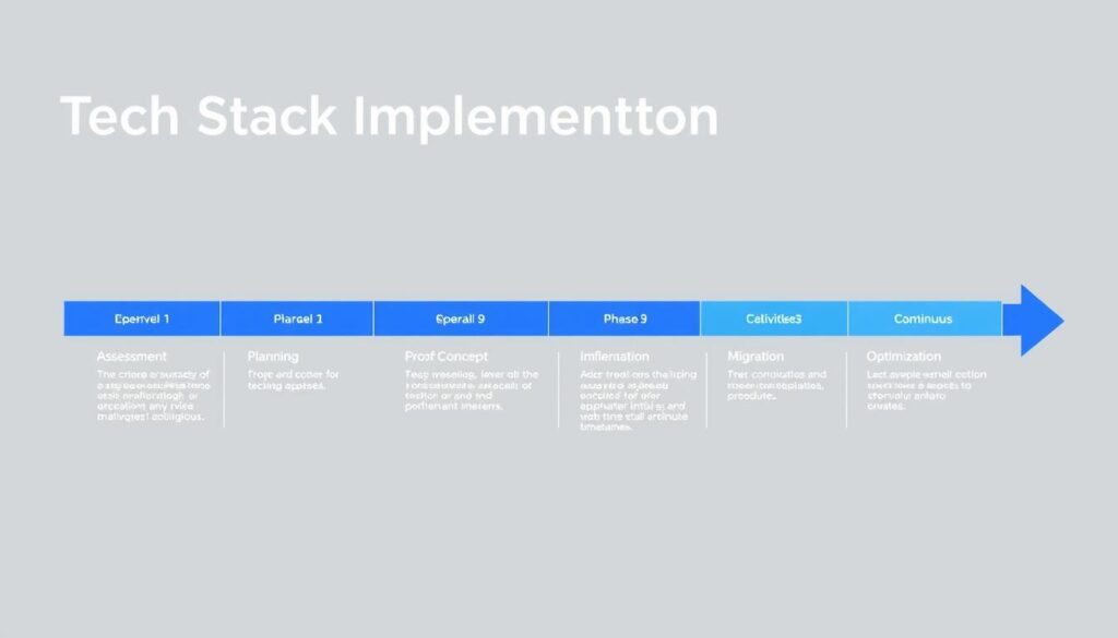 Tech stack implementation roadmap showing phases from assessment to optimization with timeline and key activities